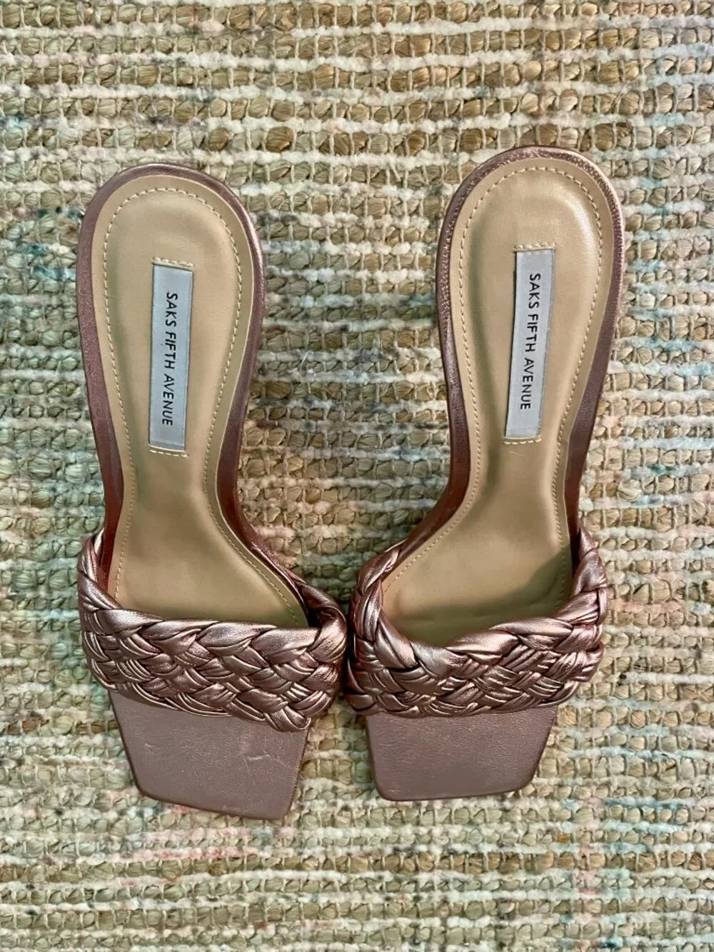 Saks Fifth Avenue Metallic Rose Gold Braided Leather Sandal Heel Slid on Size 9